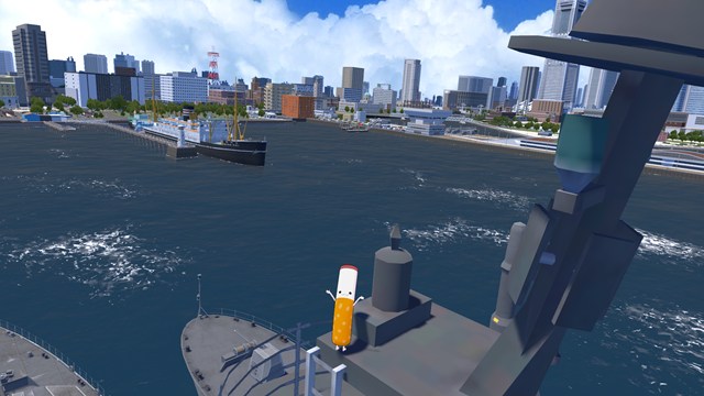 VRChat『Yokohama』ワールドの護衛艦まやの上でオーシャンビューするシケモクくん