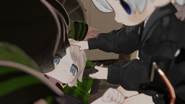 VRChatのポピ横でジャングルさんに挟まれるドMさんを撫でるスウェ五条君